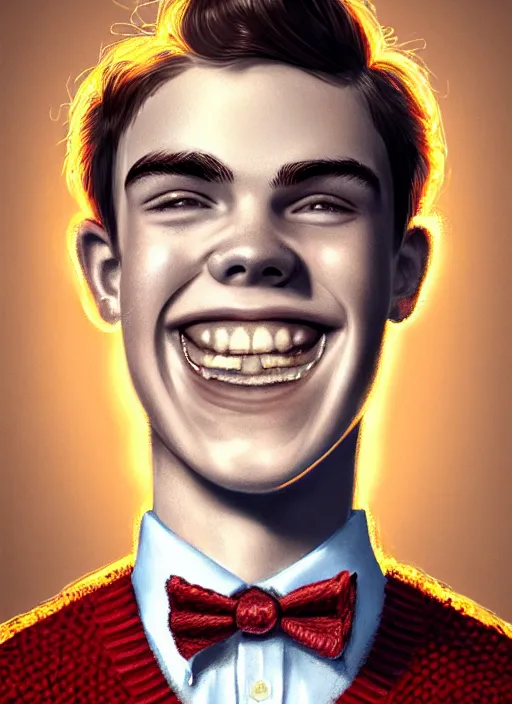 Prompt: portrait of teenage archie andrews, freckles, curly middle part haircut, curly hair, middle part hairstyle, smiling kindly, wearing a bowtie and sweater vest, intricate, elegant, glowing lights, highly detailed, digital painting, artstation, concept art, smooth, sharp focus, illustration, art by wlop, mars ravelo and greg rutkowski