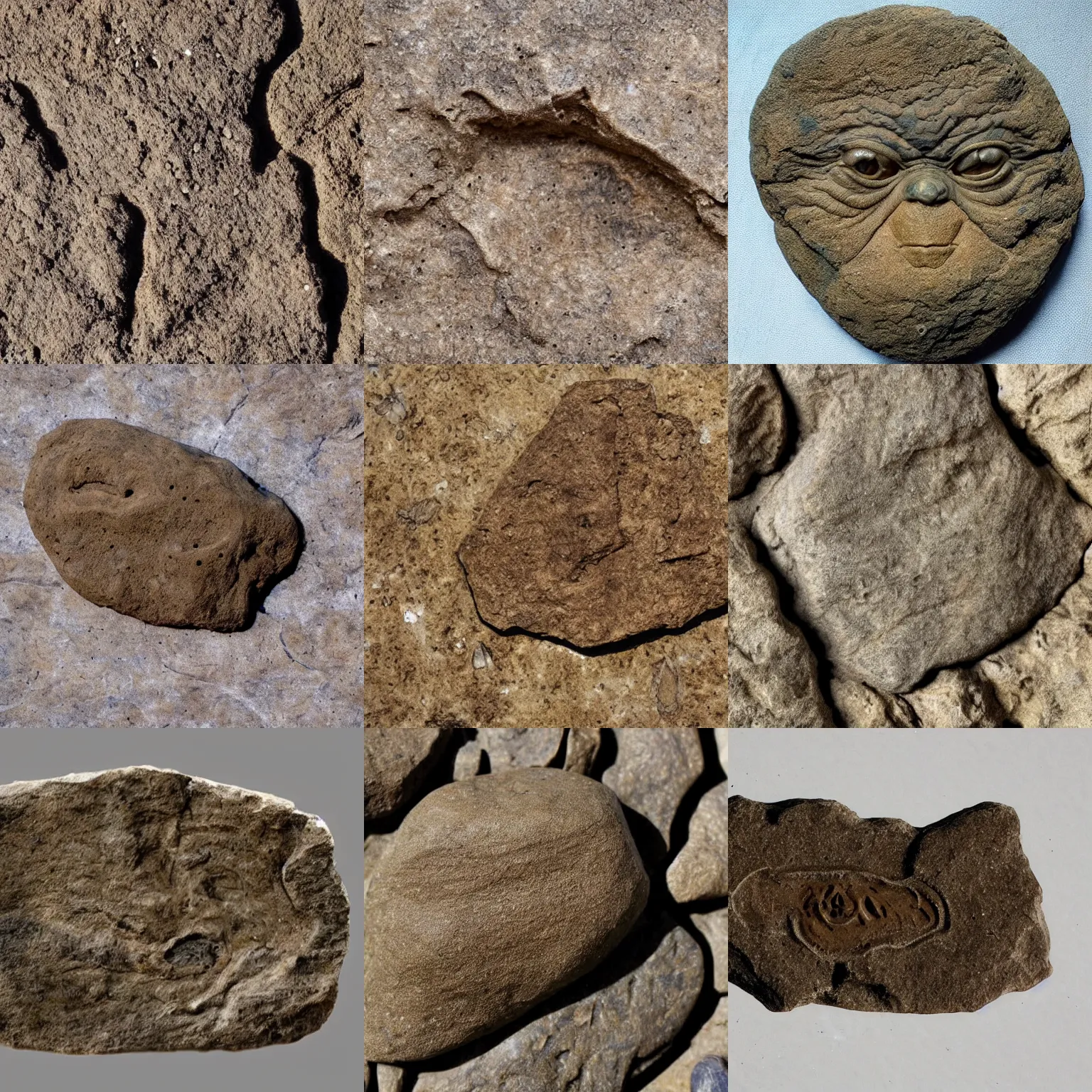 Prompt: Fossil of ( Yoda ) brownish old fossil remnant, rock, brownish fossil