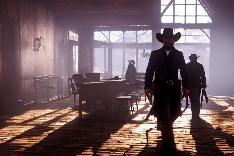Prompt: a cinematic wide angle photograph of arthur walking into a saloon in red dead redemption 2, beautiful lighting, high depth, ultra realistic, artistic, by michal karcz and john harris