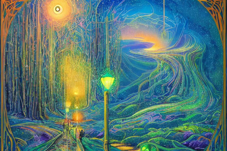 Prompt: The gouache wanderer asked the sage why the road never ends, the sage knew this was the only true enigma, a fantasy sci-fi dreamworld painting in neon geometric inks, art nouveau by Terese Edvard Guay Kinkade
