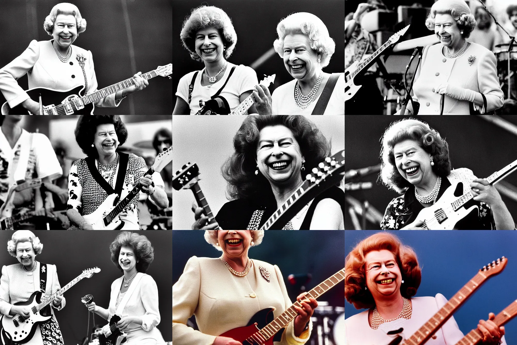 Prompt: queen elizabeth smiling while playing heavy metal guitar on stage at live aid festival, 1 9 8 0 s photograph, depth of field, bokeh