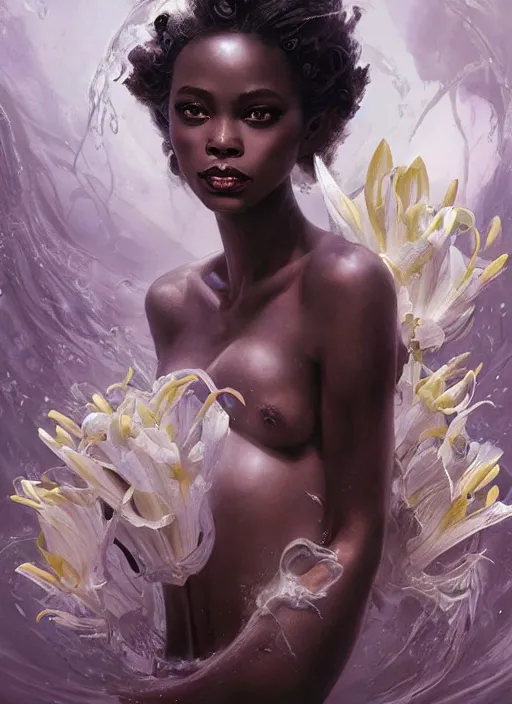 Image similar to Portrait of black mermaid, underwater, white lilies, shells, mirror, marvel comics, intricate, highly detailed, smooth, artstation, digital illustration by julie bell and Ruan Jia and Mandy Jurgens and Artgerm and Wayne Barlowe and Greg Rutkowski and Frank Frazetta