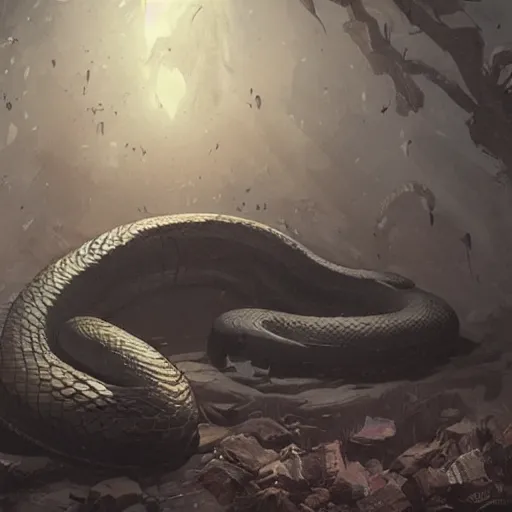 Image similar to a huge anaconda in a dark grave wrapped around a dead body, horror ,digital art,realistic,detailed,art by greg rutkowski