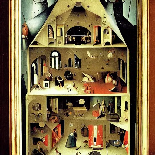 Prompt: humans living in a doll house by Hieronymus Bosch