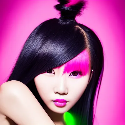Prompt: a beautiful portrait photo of a very beautiful young Chinese female model wearing futuristic cyber gothic outfit, bright pink streaks of hair, playful pose, hair tied in a cute way, cute smile, beautiful detailed eyes, golden hour in Beijing, lush green outdoors, portrait photography, Zeiss 150mm f/2.8 Hasselblad