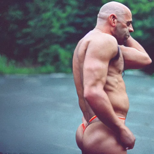 Prompt: photo of joe rogan wearing a thong, cinestill, 800t, 35mm, full-HD