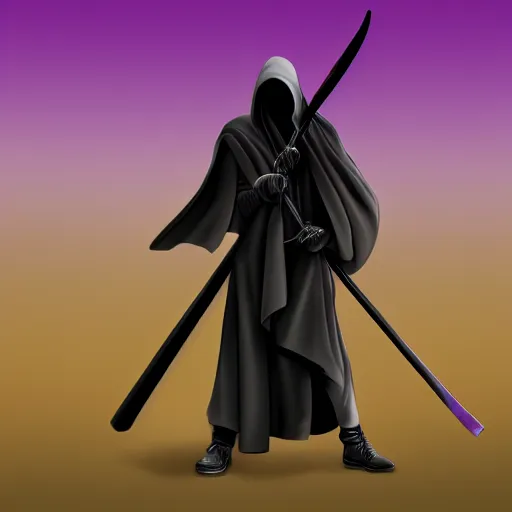 Image similar to grim reaper, purple cloak, full body, scythe