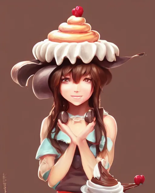 Prompt: personification of chocolate cupcake, cute hats, unreal engine, highly detailed, digital illustration by artgerm, tooth wu, studio ghibli, deviantart, sharp focus, artstation, bakery by greg rutkowsky, sweets, dog