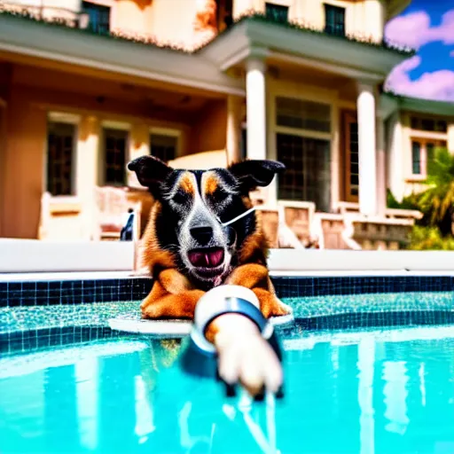 Image similar to a very detailed photo of a dog smoking a cigar outside the mansion by the pool