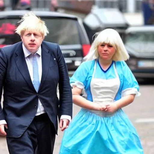 Image similar to boris johnson looking depressed in a maid costume