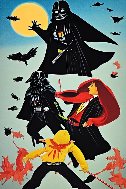 Image similar to an illustration of harry potter fighting darth vader of goodnight moon by margaret wise brown