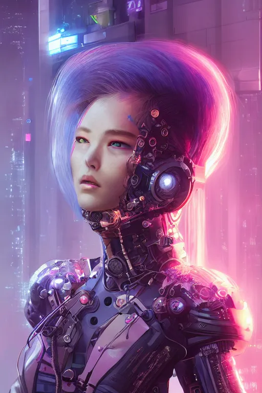 Image similar to portrait futuristic Cyber warrior Girl, in future cyberpunk tokyo rooftop , ssci-fi, fantasy, intricate, very very beautiful, elegant, neon light, highly detailed, digital painting, artstation, concept art, smooth, sharp focus, illustration, art by tian zi and WLOP and alphonse mucha