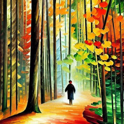 Prompt: a person walking through a forest, art by ivan bilibin and giacomo balla and ( leonid afremov ),