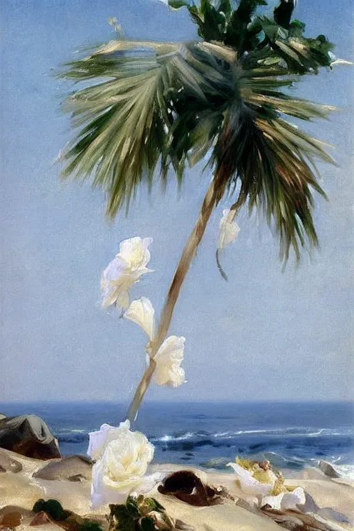 Prompt: the sun shining in the background, beach, spray of roses on the sea surface, a palm, painting by john singer sargent