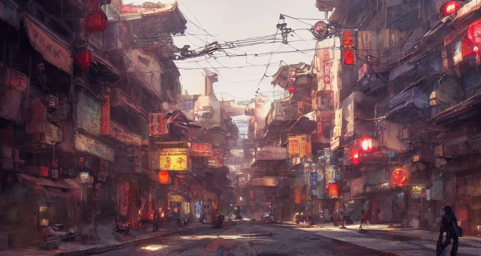 Image similar to craig mullins and ghibli digital art of chinatown street, sunset alley, erlang shen yang jian in a mecha shuttles through the ancient city of china, cyberpunk style, unreal engine, hyper realism, realistic shading, cinematic composition, realistic render, octane render, detailed textures, photorealistic, wide shot