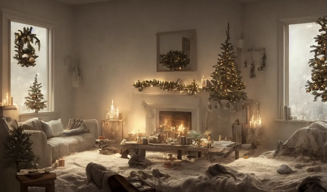 Image similar to a christmas eve in a beautiful home, photorealistic landscape painting on the wall, ascher clemens, home, interior, octane render, deviantart, greg rutkowski, cinematic, key art, hyperrealism, canon eos c 3 0 0, ƒ 1. 8, 3 5 mm, 8 k, medium - format print