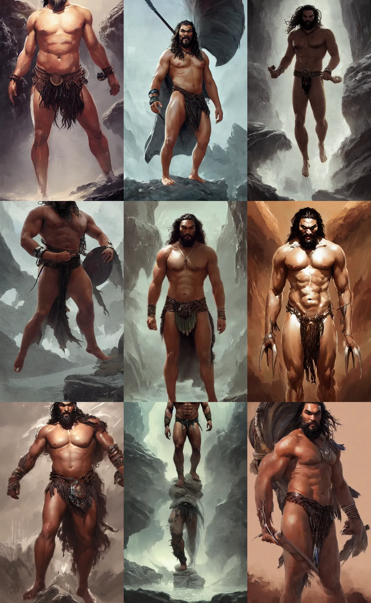 Prompt: jason momoa with white loincloth, front view, full body shot, digital painting, artstation, concept art, sharp focus, illustration, orientalism, art by aleksi briclot and greg rutkowski and raphael lacoste