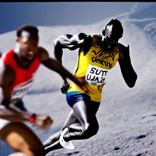 Image similar to usain bolt racing against an astronaut on the moon, kodachrome film