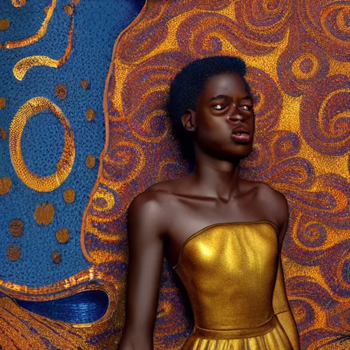 Prompt: extreme detail, african teenager, female, charles vess, gold silk clothes, klimt, hyperealistic, hdri lighting, octane