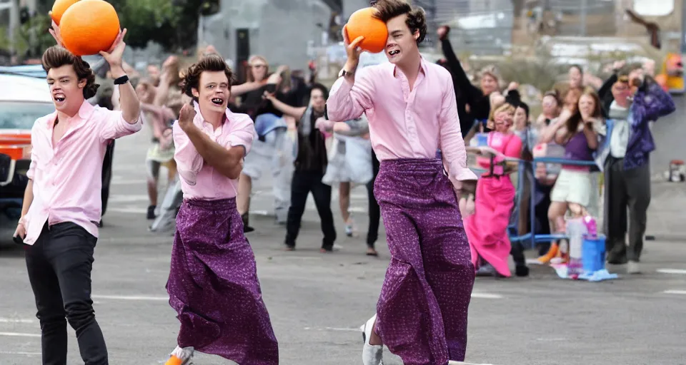 Image similar to harry styles on the moon juggling oranges with a pink skirt