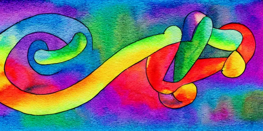 Image similar to musical notes in a prism rainbow, a curvy staff of musical notation flowing out of a prism rainbow. comic book panel background, muted colors, dreamy watercolor wash, in the style of Pink Floyd Dark Side of the Moon