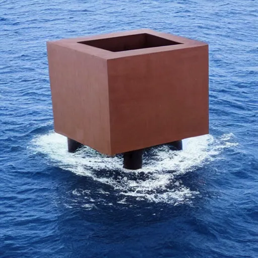 Image similar to a cube in the middle of the sea in the style of richard serra