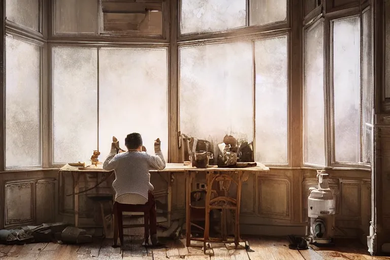 Image similar to a single cosmonaut in a spacesuit drinks a steaming cup of tea at an old wooden desk in a richly decorated Victorian house. the autumn light comes in through a window and dimly illuminates the room, diffuse light, octane render