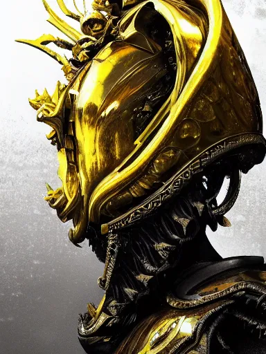 Prompt: portrait of yellow angel king head wearing shiny yellow medieval helmet, subtle light accents, hyper details, black metal rococo, sculpted by Alex Alice, Craig Mullins, yoji shinkawa, trending on artstation, beautifully lit, Peter mohrbacher, hyper detailed, insane details, intricate, elite, elegant, luxury, ray of light through smoke, CGsociety, hypermaximalist, golden ratio, volumetric, octane render, weta digital, micro details, 3d sculpture