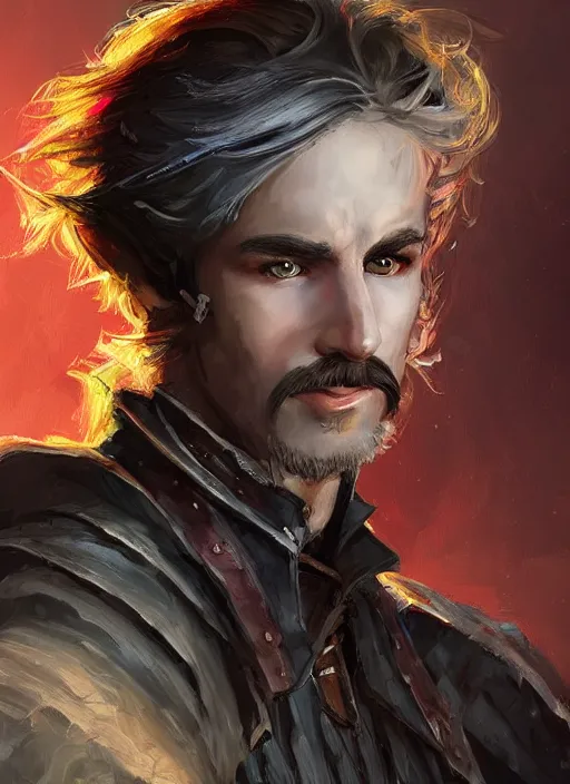 Image similar to tristan fulcher livedoce young man with short white fringe white hair and moustache, dndbeyond, bright, colourful, realistic, dnd character portrait, full body, pathfinder, pinterest, art by ralph horsley, dnd, rpg, lotr game design fanart by concept art, behance hd, artstation, deviantart, hdr render in unreal engine 5