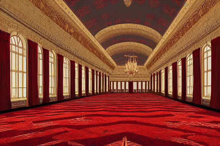 Prompt: imperial Russian Palace interior office, huge floor to ceiling arched windows, dark deco, rich reflective hardwood floors and crimson drapery, by Dan Mumford