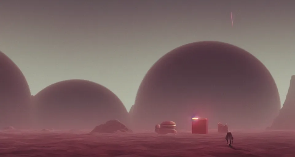 Prompt: A very very very dim outpost on Titan Saturn's moon, red atmosphere, very hazy, rendered by simon stålenhag, rendered by Beeple, Makoto Shinkai, syd meade, environment concept, digital art, starwars, unreal engine, 3 point perspective, WLOP, trending on artstation, low level, 4K UHD image, octane render,