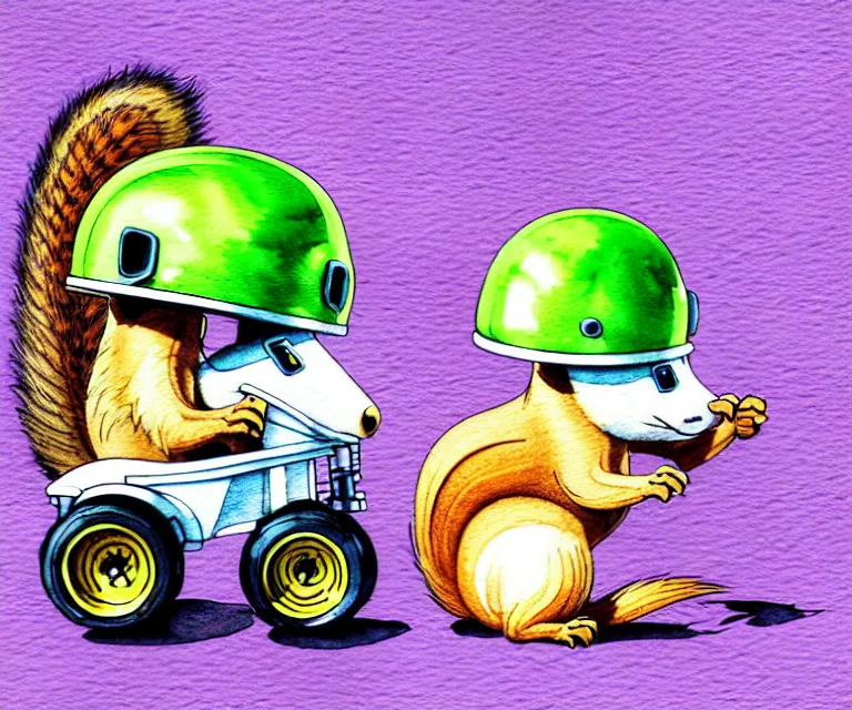 Image similar to cute and funny, squirrel wearing a helmet riding in a hot rod with oversized engine, ratfink style by ed roth, centered award winning watercolor pen illustration, isometric illustration by chihiro iwasaki, edited by range murata, tiny details by artgerm and watercolor girl, symmetrically isometrically centered, sharply focused