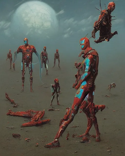 Image similar to dead superheroes on the ground, retrofuturism sci - fi old movie, highly detailed, photorealistic, 8 k, by beksinski and stalenhag