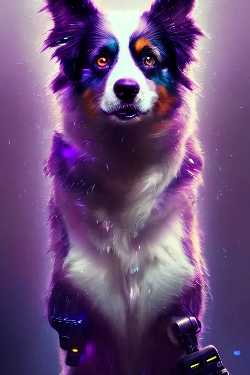 Prompt: a beautiful portrait of a cute cyberpunk australian shepard by greg rutkowski and wlop and sandra chevrier, purple blue color scheme, high key lighting, volumetric light, digital art, highly detailed, fine detail, intricate, ornate, complex, octane render, unreal engine, photorealistic