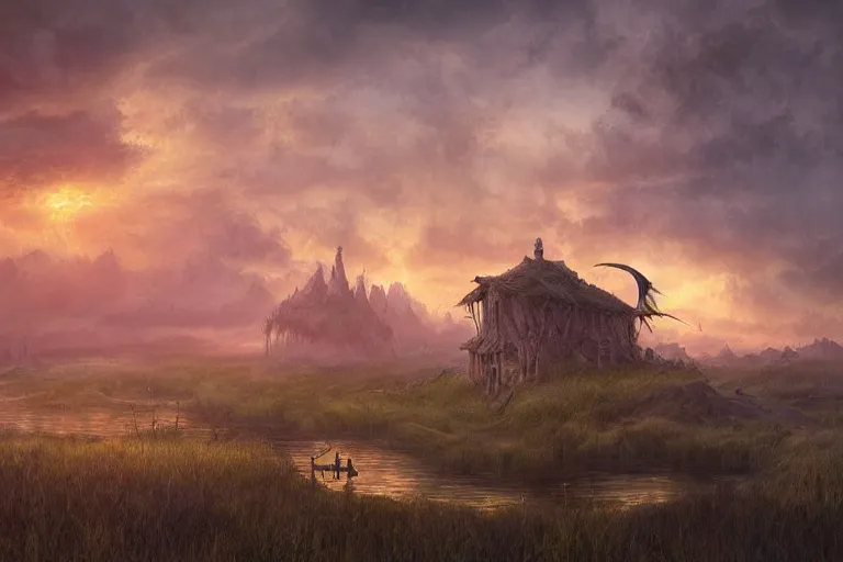 Image similar to aerial view, cinematic fantasy painting, dungeons and dragons, a faerie village hovels, swamp reeds wetland marsh estuary, with sunset lighting ominous shadows, an egret by jessica rossier and brian froud cinematic painting