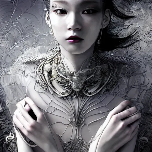 Image similar to the portrait of an absurdly beautiful, graceful, elegant, sophisticated, fashionable cyberpunk gravure idol, an ultrafine hyperdetailed illustration by kim jung gi, irakli nadar, takato yamamoto, intricate linework, bright colors, porcelain skin, unreal engine 5 highly rendered, fashion photography, fractal background, global illumination, radiant light, detailed and intricate environment