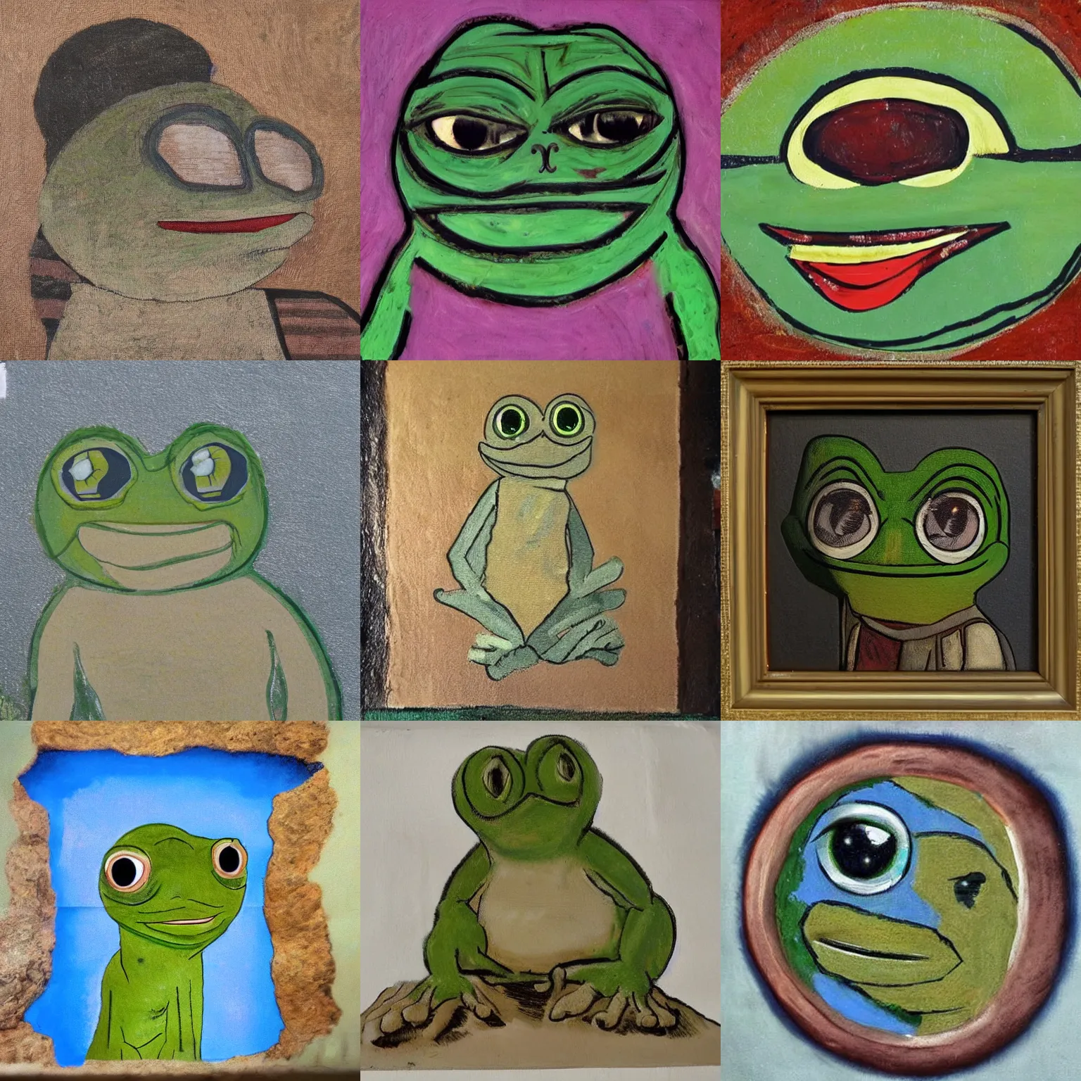 Prompt: ancient painting of pepe the frog in the rays if light, 8 k