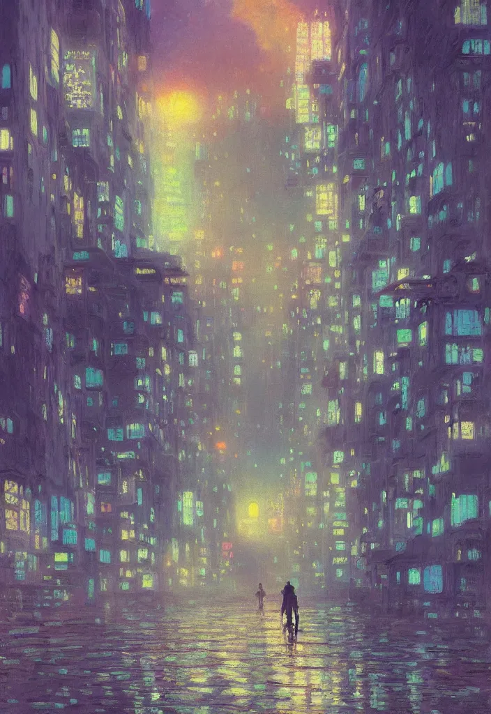 Image similar to a beautiful futuristic city in the clouds, amazing ryokans and gorgeous edo era houses, epic cyberpunk, lofi vibe, colorful, vivide colors, amazing light, really beautiful nature, oil painting in impressionist style, by jeremy lipkin, by claude monet, by makoto shinkai, multiple brush strokes, inspired by ghibli, masterpiece, beautiful
