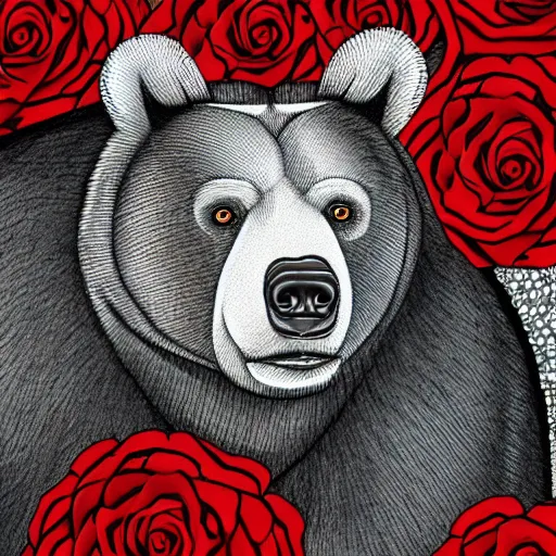 Prompt: portrait of a bear made of diamonds surrounded by red roses