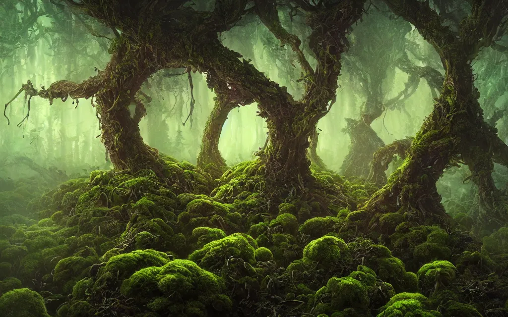 Prompt: a beautiful macro photography of green moss with tree roots filled with alien fungus, bioluminescent , hyper detailed, ,warm volumetric lights , Zoom close up Matte painting ,made by Gerald Brom and Mike Winkelmann, trending on art station