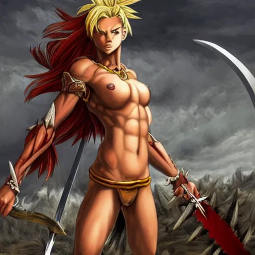 Prompt: realistic art style, warrior girl, muscular girl, wild spiky red saiyan hair, long spiky hair, electrified hair, holding scimitar made of bone, scimitar, sword, jagged sword, curved sword, orkish sword, colorized, gray skin, hyper - detailed, primeval fantasy, prehistoric fantasy, art by jacques - louis david