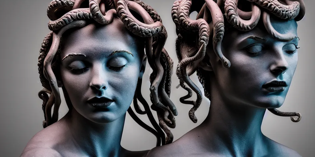 Prompt: modern sculpture, young woman as medusa, multiple poses, prominent jawline