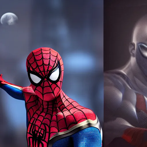 Prompt: character portrait of Spiderman merged with MoonKnight, 4k, highly detailed, cinematic lighting, characters merged