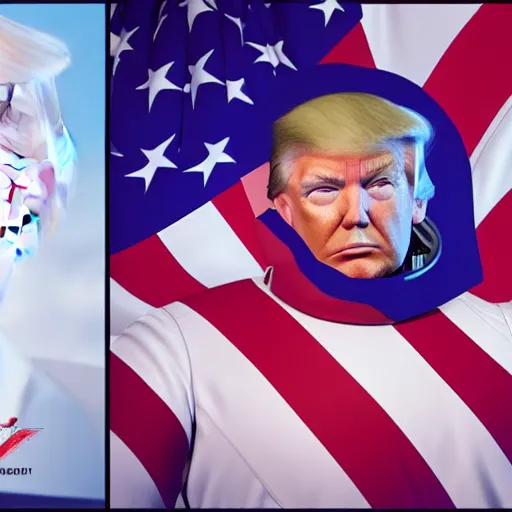 Image similar to Donald Trump with astronaut body, realistic artstyle, wide shot, dramatic lighting, octane render, hyperrealistic, high quality, highly detailed, HD, beautiful, cinematic, 8k, unreal engine, facial accuracy, symmetrical