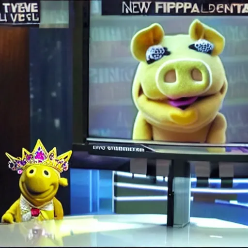 Image similar to news anchor pig wearing a gold crown depicted as a muppet 8k