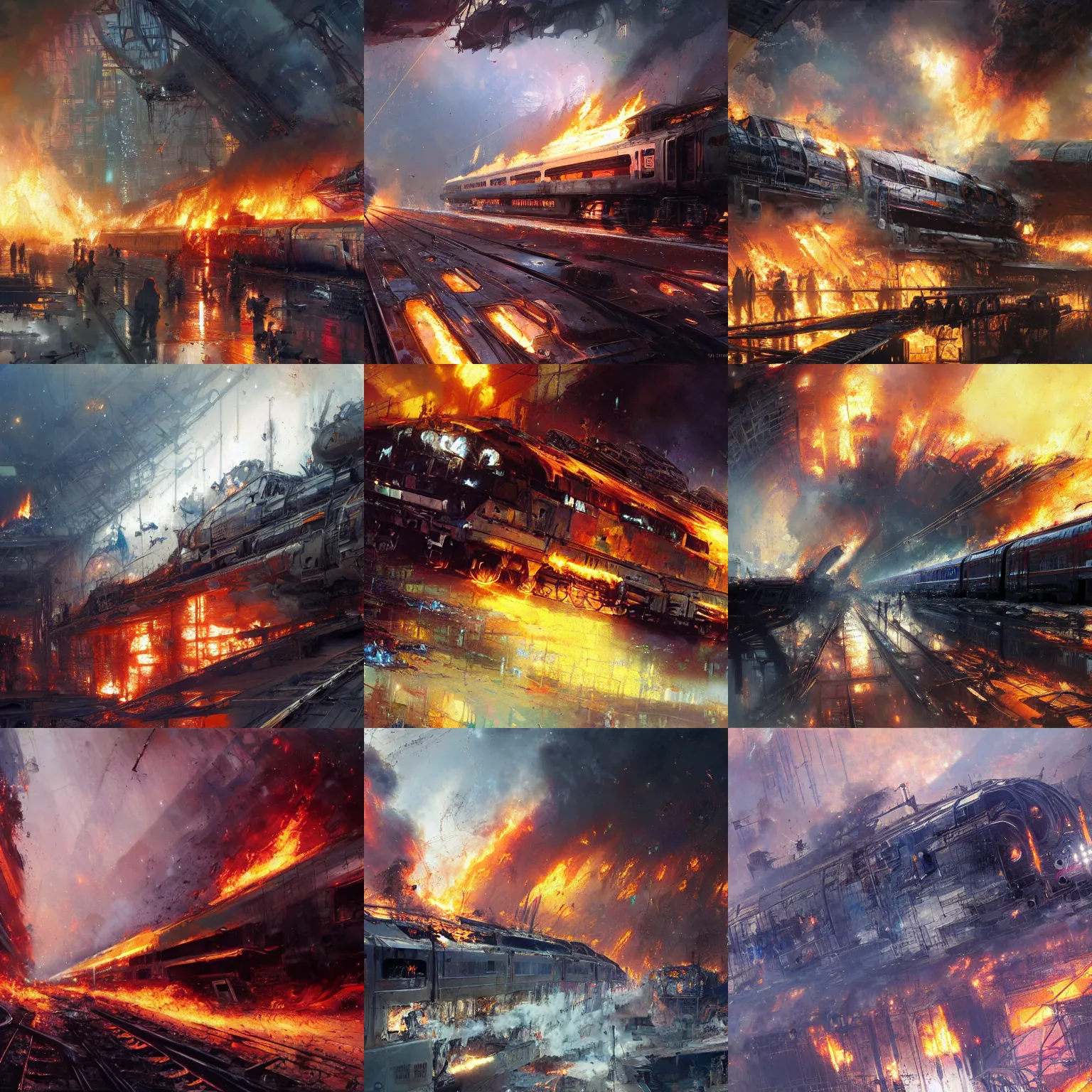 Prompt: one million people in one burning train, 4 k, concept art, wadim kashin, john berkey