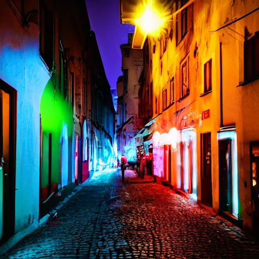 Prompt: Narrow polish street full of colorful vintage neons, crowd of partying people, late evening, 35mm f2.8, focus on the neons, full frame, film photography