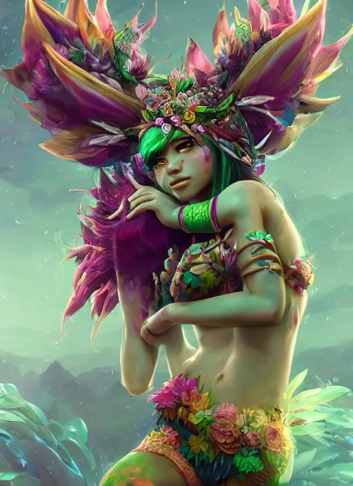 Image similar to neeko, from league of legends, au naturel, hyper detailed, dragon tailed, digital art, trending in artstation, cinematic lighting, studio quality, smooth render, unreal engine 5 rendered, octane rendered, art style by klimt and nixeu and ian sprigger and wlop and krenz cushart