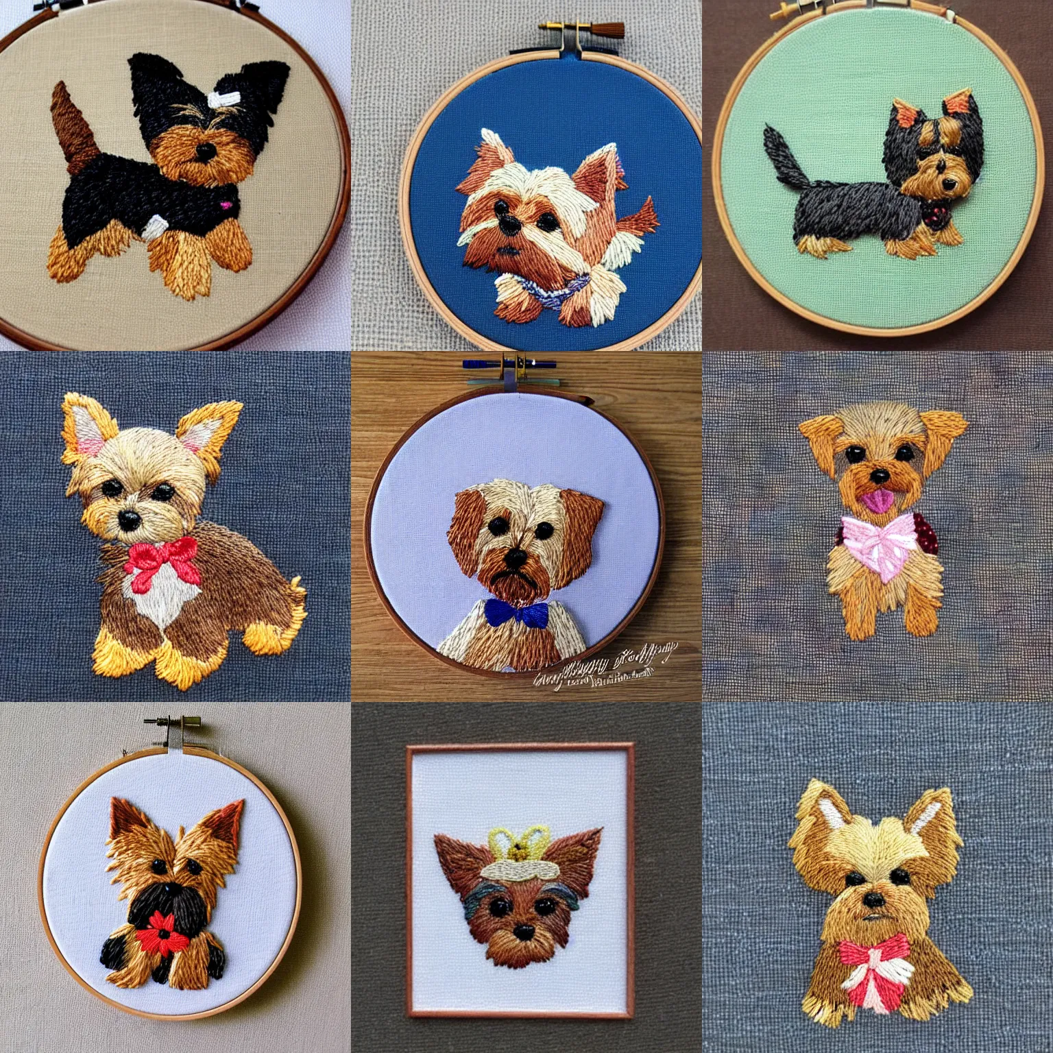 Prompt: a tiny beautiful handmade embroidery of a very cute yorkshire terrier. hand embroidery.