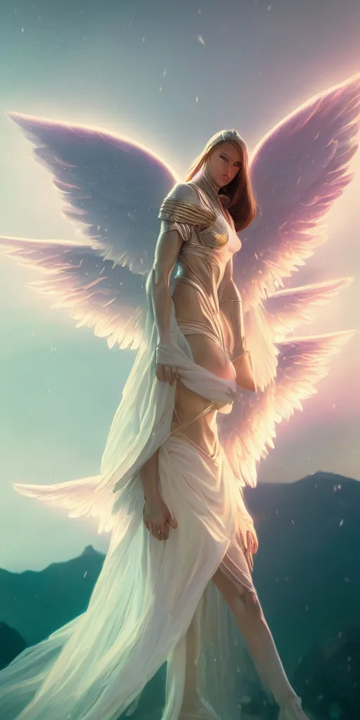 Image similar to angel with big wings, low key light, full plate armor with cloth, f 1 6, bokeh, extreme close up portrait, gentle, female, mountain, storm, god rays, landscape, d & d, fantasy, elegant, teal pink white gold color palette, concept art, moebius, greg rutkowski, alphonse mucha